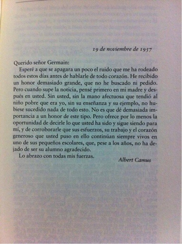 Al recibir el Premio Nobel, Albert Camus escribió esta carta, dirigida a su maestro de primaria, Germain.